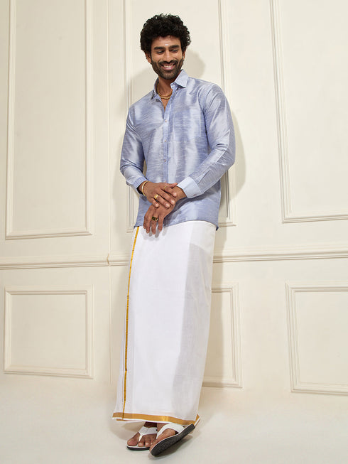 Men's Light Blue Silk Blend Ethnic Shirt